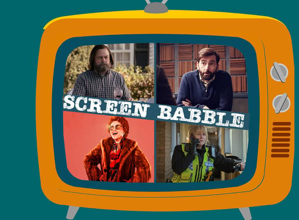 <p>The orange Screen Babble television, featuring images from The Last of Us, Criminal: UK, Nolly, and Happy Valley (Credit: NationalWorld Graphics)</p>