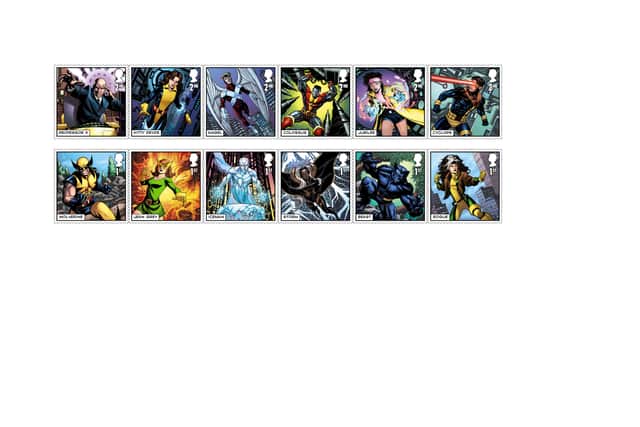 Twelve of the seventeen new X-Men stamps, to mark the 60th anniversary of the X-Men franchise