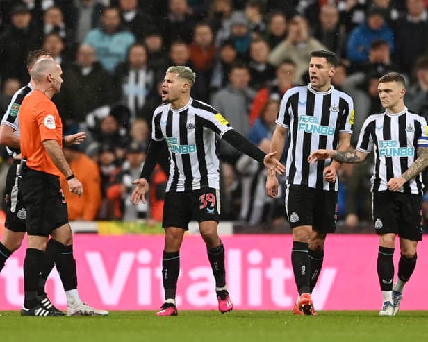 Bruno Guimaraes of Newcastle United was sent off in the Carabao Cup final. (Getty Images)