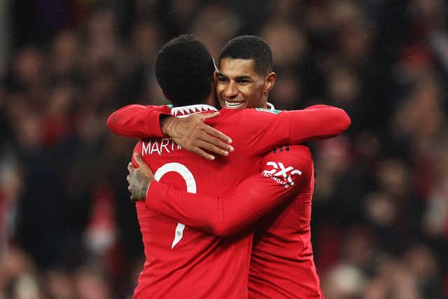 Anthony Martial celebrates with Marcus Rashford of Manchester United during semi-final win over Nottingham Forest. (Getty Images)
