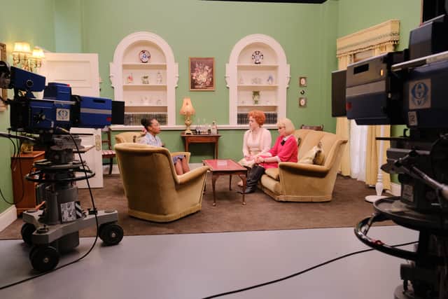 Bethany Antonia as Poppy, Helena Bonham Carter as Noele Gordon, and Antonia Bernath as Jane in Nolly, filming a new episode of Crossroads (Credit: ITV)