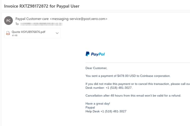 The PayPal scam email received by a NationalWorld journalist.