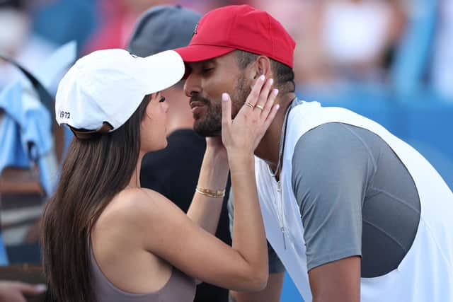  Nick Kyrgios of Australia celebrates with his girlfriend Costeen Hatzi after defeating Yoshihito Nishioka of Japan in their Men’s Singles Final match during Day 9 of the Citi Open at Rock Creek Tennis Center on August 7, 2022 in Washington, DC. (Photo by Patrick Smith/Getty Images)