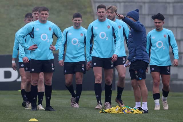 England’s Owen Farrell takes part in a team training session at Pennyhill Park. (Getty Images)