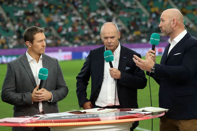 ITV rugby summarisers  Jonny Wilkinson, Sir Clive Woodward and Lawrence Dallaglio. Credit: David Rogers/Getty Images