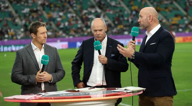 ITV rugby summarisers  Jonny Wilkinson, Sir Clive Woodward and Lawrence Dallaglio. Credit: David Rogers/Getty Images