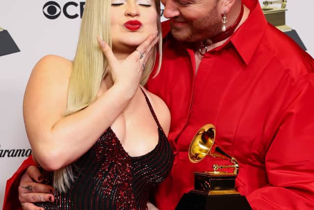 Sam Petras and Sam Smith winners of Best Pop Duo/Group Performance for "Unholy" pose in the press room during the 65th GRAMMY Awards at Crypto.com Arena on February 05, 2023 in Los Angeles, California. (Photo by Amy Sussman/Getty Images)