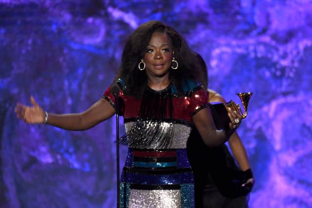 Viola Davis accepts the Audio Book, Narration and Storytelling Recording award for Finding Me during the 65th GRAMMY Awards Premiere Ceremony at Microsoft Theater on February 05, 2023 in Los Angeles, California. (Photo by Kevork Djansezian/Getty Images for The Recording Academy)