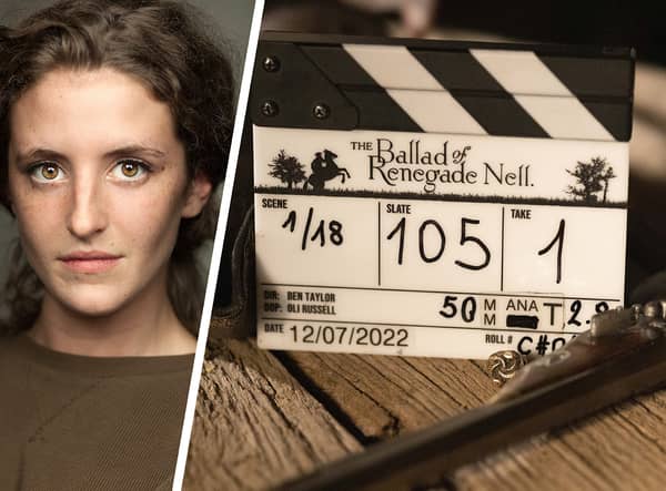 L: a headshot of Louisa Harland; R: a photo of a film clapperboard that reads The Ballad of Renegade Nell (Credit: Disney+)