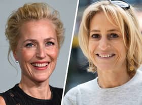 Gillian Anderson at the London premiere of The Crown Season 5, next to an image of Emily Maitlis at a flash mob (Credit: Gareth Cattermole/Getty Images; John Phillips/Getty Images)