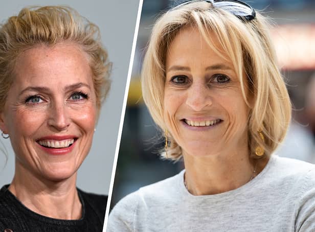 <p>Gillian Anderson at the London premiere of The Crown Season 5, next to an image of Emily Maitlis at a flash mob (Credit: Gareth Cattermole/Getty Images; John Phillips/Getty Images)</p>