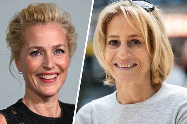 Gillian Anderson at the London premiere of The Crown Season 5, next to an image of Emily Maitlis at a flash mob (Credit: Gareth Cattermole/Getty Images; John Phillips/Getty Images)