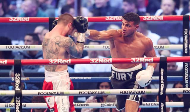 Tommy Fury punches Daniel Bocianski during the Light Heavyweight fight between Tommy Fury and Daniel Bocianski at Wembley Stadium on April 23, 2022 in London, England. (Photo by Warren Little/Getty Images)