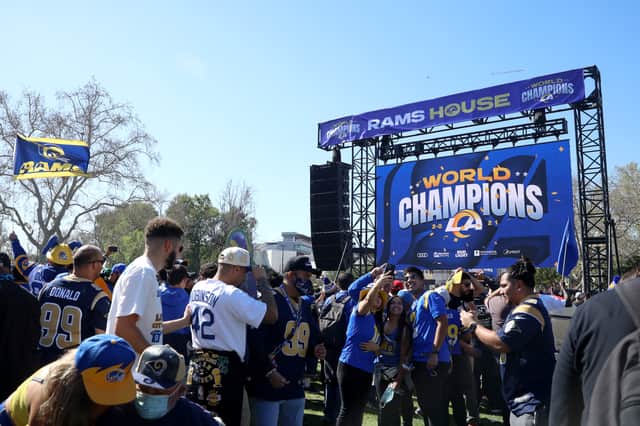  Fans attend the Los Angeles Rams Super Bowl LVI victory rally on February 16, 2022. (Getty Images)