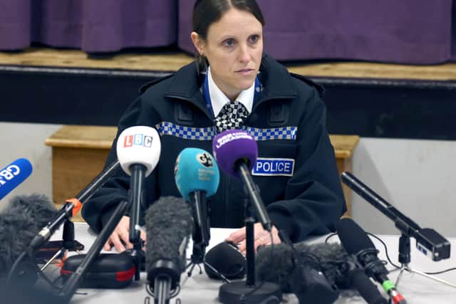 Lancashire Police Superintendent Sally Riley speaks to the media at St Michael's on Wyre Village Hall