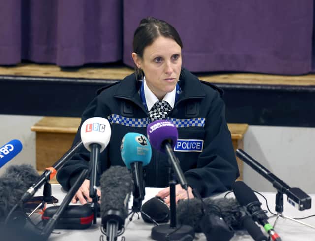 Lancashire Police Superintendent Sally Riley speaks to the media at St Michael's on Wyre Village Hall