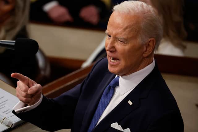 US President Joe Biden delivers his State of the Union address during a joint meeting of Congress in the House Chamber of the US Capitol on 7 February, 2023 in Washington, DC. Credit: Getty Images