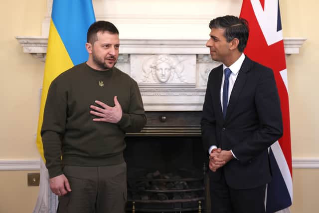 Ukrainian President Volodymyr Zelensky with Prime Minister Rishi Sunak in 10 Downing Street, London, ahead of a bilateral meeting during his first visit to the UK since the Russian invasion of Ukraine. Picture date: Wednesday February 8, 2023. Credit: PA.  