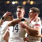 England celebrate Max Malins’ try against Scotland
