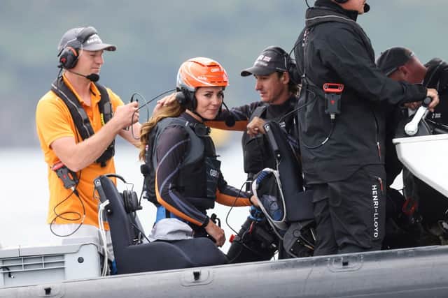 Kate joined the British team aboard of their F50 foiling catamaran to take part in a friendly "Commonwealth Race" against their New Zealand rivals. (Photo by JEFF GILBERT/POOL/AFP via Getty Images)