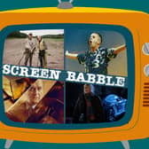 The orange Screen Babble television, featuring images from The Detectorists, Right Here Right Now, Happy Valley S3, and The Gold, as featured in Screen Babble episode 12 (Credit: Kim Mogg/National World Graphics)