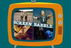 The orange Screen Babble television, featuring images from The Detectorists, Right Here Right Now, Happy Valley S3, and The Gold, as featured in Screen Babble episode 12 (Credit: Kim Mogg/National World Graphics)