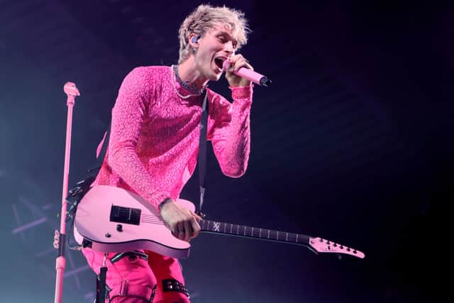 Recording artist Machine Gun Kelly performs during a stop of his Tickets to My Downfall tour at The Theater at Virgin Hotels Las Vegas on October 16, 2021 in Las Vegas, Nevada.  (Photo by Ethan Miller/Getty Images)
