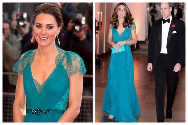 Kate Middleton wore this stunning teal Jenny Packham gown in 2012. She wore the dress again in 2018. Photos by Getty