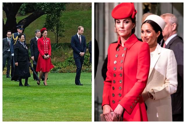Kate Middleton wore this striking red Catherine Walker coat dress in 2014 and 2019. Photos by Getty