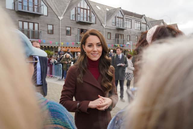 Kate Middleton wore a Hobbs coat to a visit to Cornwall that she first debuted in 2012. (Photo by Hugh Hastings/Getty Images)