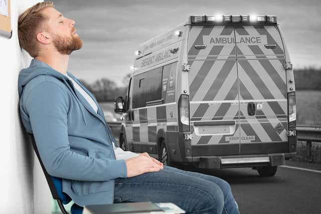 Composite image of a man waiting in A&E and an ambulance