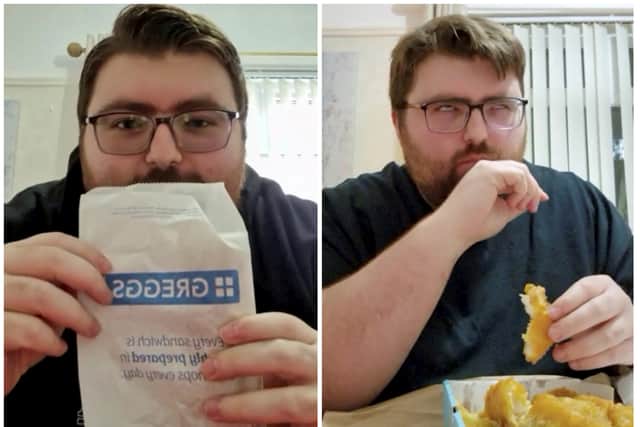David Turek, 26, recorded himself as he ate some traditional British grub for the first time - includin a Greggs sausage roll.