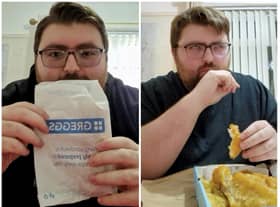 David Turek, 26, recorded himself as he ate some traditional British grub for the first time - includin a Greggs sausage roll.