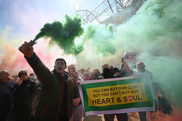 Supporters protested against Manchester United’s owners, outside Old Trafford stadium after the Super League proposal in 2021. (Getty Images)