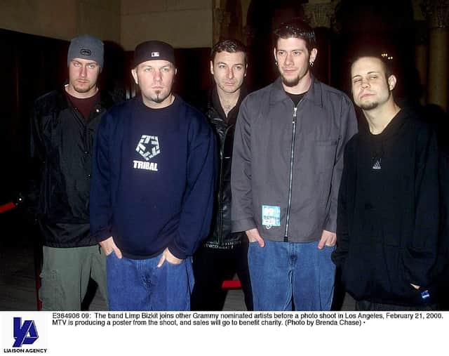 The band Limp Bizkit joins other Grammy nominated artists before a photo shoot in Los Angeles, February 21, 2000. (Photo by Brenda Chase)