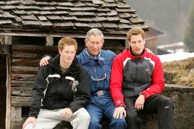King Charles with Prince Harry and Prince William in Klosters in 2005. (Photo by Pascal Le Segretain/Getty Images)