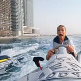 Victoria Goulbourne takes to the waves in Dubai (Image: BBC)