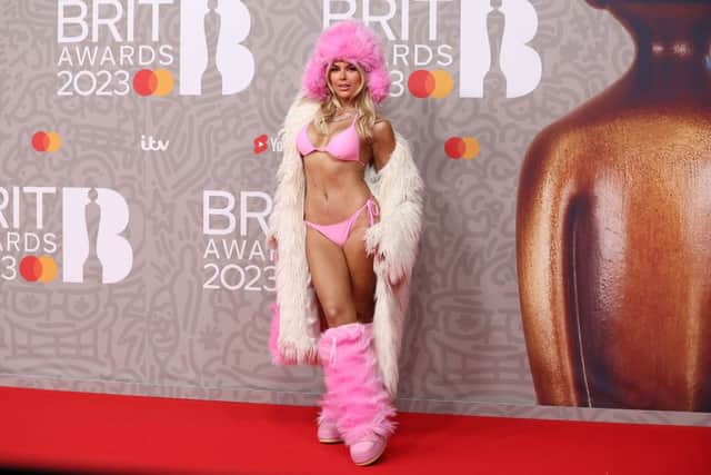 British singer Tallia Storm looked like she was going to a beach come ski party rather than a music awards ceremony. (Photo by ISABEL INFANTES/AFP via Getty Images)