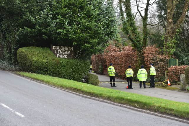 Police officers at the scene in Culcheth Linear Park in Warrington, Cheshire after a teenage girl was found dead. Picture: PA