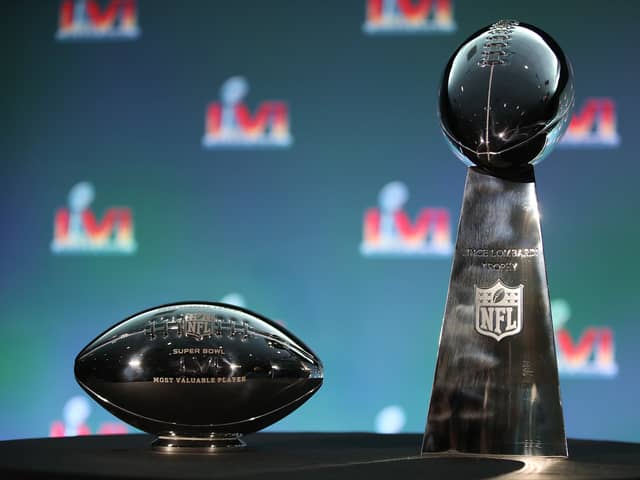  The Pete Rozelle Trophy given to the Super Bowl MVP, and the Vince Lombardi Trophy. (Photo by Katelyn Mulcahy/Getty Images)