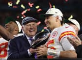 Patrick Mahomes of the Kansas City Chiefs celebrates with the Vince Lombardi Trophy. (Photo by Gregory Shamus/Getty Images)