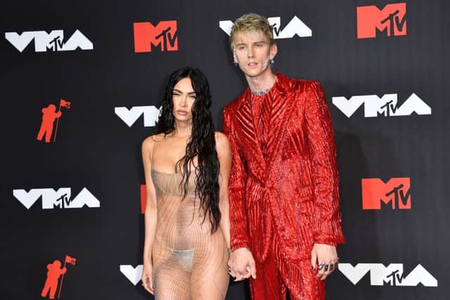 Megan Fox and Machine Gun Kelly arrive for the 2021 MTV Video Music Awards at Barclays Center in Brooklyn, New York, September 12, 2021. (Photo by ANGELA  WEISS/AFP via Getty Images)