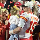 Patrick Mahomes #15 of the Kansas City Chiefs celebrates with his wife Brittany Mahomes and daughter Sterling Skye Mahomes after the Kansas City Chiefs beat the Philadelphia Eagles in Super Bowl LVII at State Farm Stadium on February 12, 2023 in Glendale, Arizona (Credit: Getty Images)