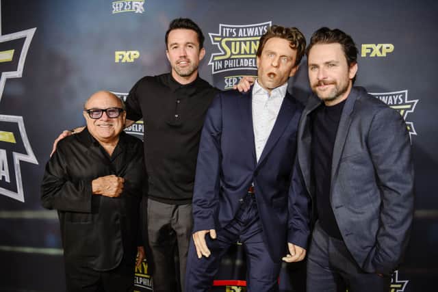 Danny DeVito, Rob McElhenney, and Charlie Day arrive at the premiere of FX’s “It’s Always Sunny In Philadelphia” season 14 at TCL Chinese 6 Theatres on September 24, 2019 in Hollywood, California. (Photo by Morgan Lieberman/Getty Images)