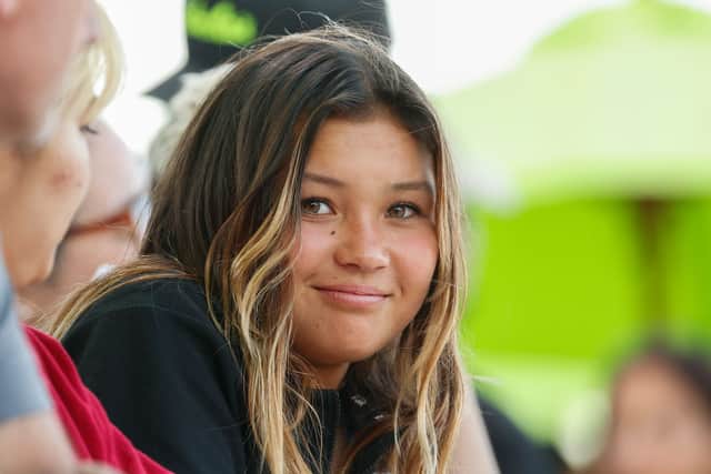 Sky Brown of Great Britain looks on during the Women's Street Final at the Dew Tour on July 30, 2022 in Des Moines, Iowa. (Photo by Tim Nwachukwu/Getty Images)