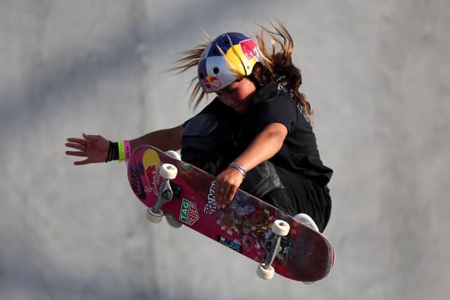 Sky Brown of Great Britain practice prior to Women's Park Qualifiers during the Sharjah Skateboarding Street and Park World Championships 2023 on February 08, 2023 in Sharjah, United Arab Emirates. (Photo by Francois Nel/Getty Images)