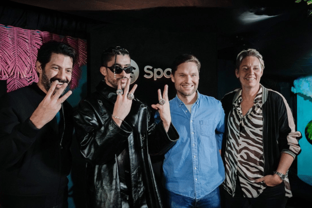 Bad Bunny (second from the left) celebrates his third year in a row being Spotify's most stream artist (Credit: Spotify)