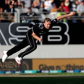 Kuggeleijn bowls for New Zealand in T20I match against Pakistan
