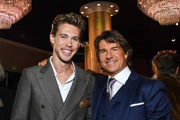 Actors Austin Butler (L) and Tom Cruise arrive at the 95th Annual Oscars Nominees Luncheon at The Beverly Hilton on February 13, 2023 in Beverly Hills, California. (Credit: AFP via Getty Images))