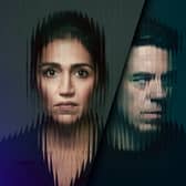 Leila Farzad as Lou Stacks and Andrew Buchan as Col McHugh in Better, reflected through distorted glass (Credit: BBC/Sister Pictures/Simon Emmett)